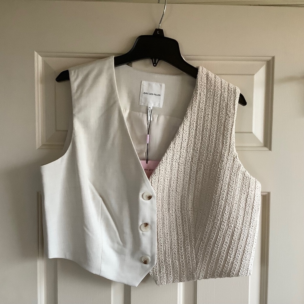 Avec Les Filles Tailored Mixed Media Vest Cream SZ XL